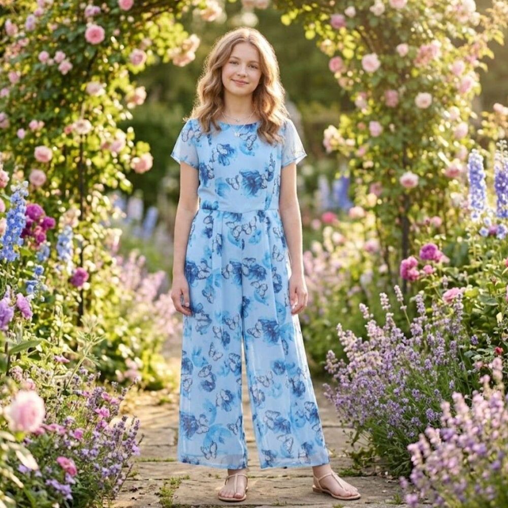 Jumpsuit Girls Butterfly Print XL Blue Wide Leg Sheer Chiffon Whimsy